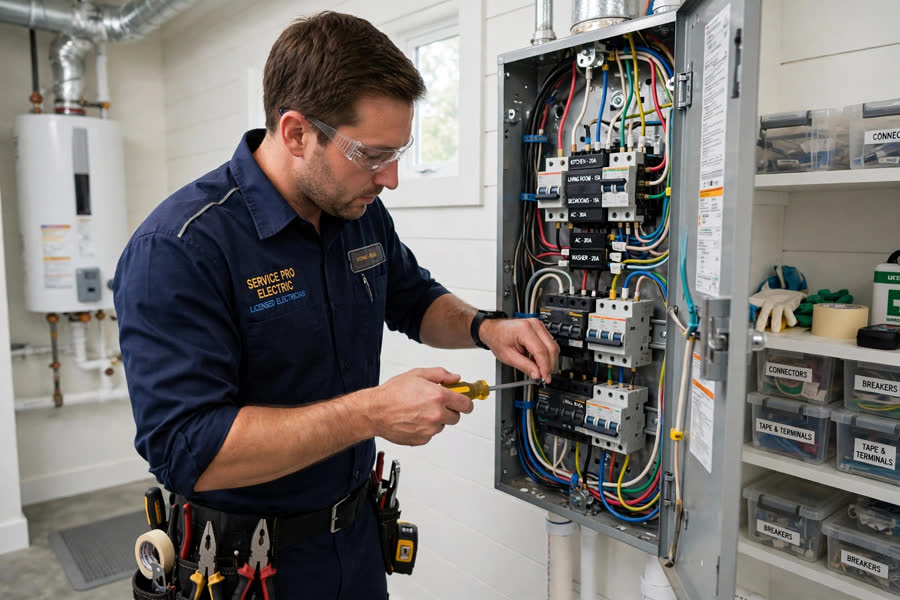 Electrician working on a home electrical panel