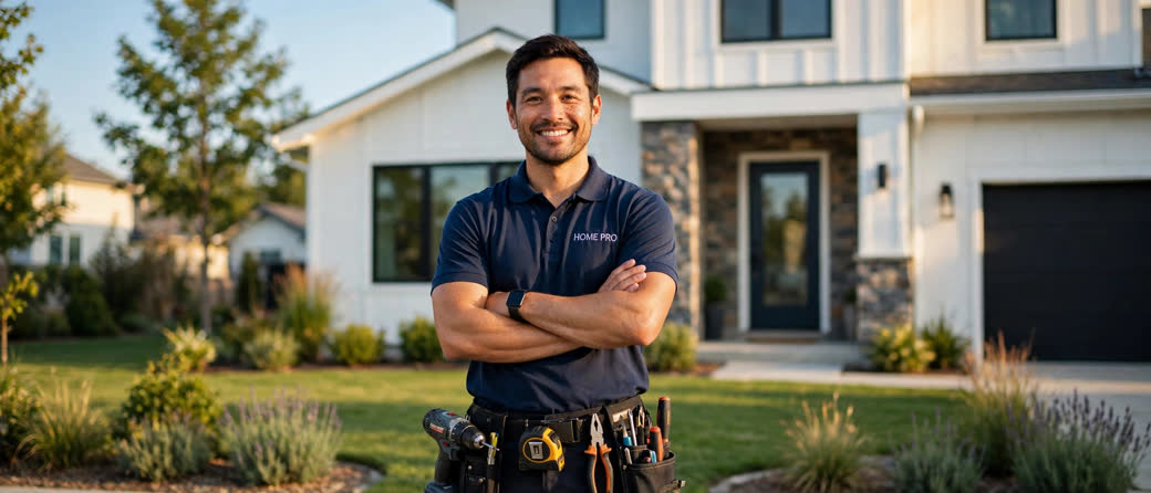 A professional home-service technician smiling in front of a bright modern American home