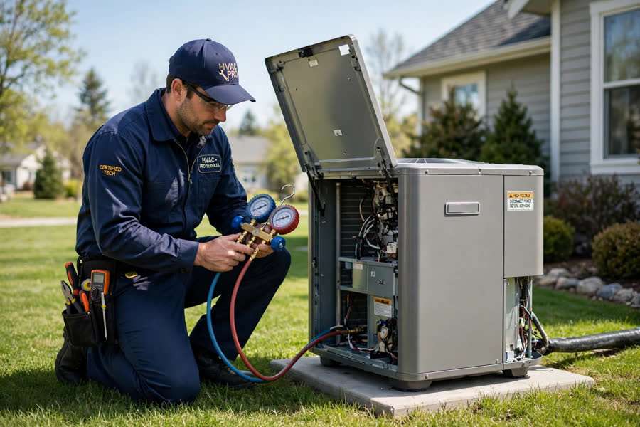 HVAC technician servicing an outdoor air conditioner