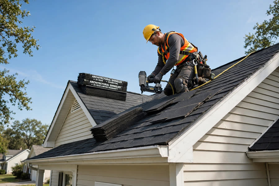 Roofer installing asphalt shingles on a house roof