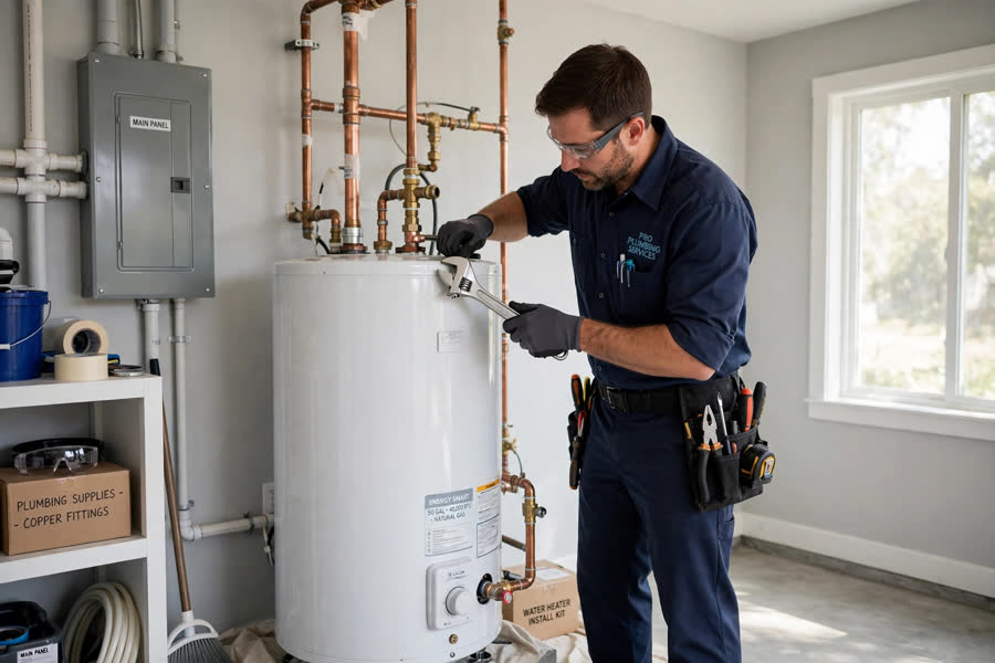 Plumber installing a new tank water heater